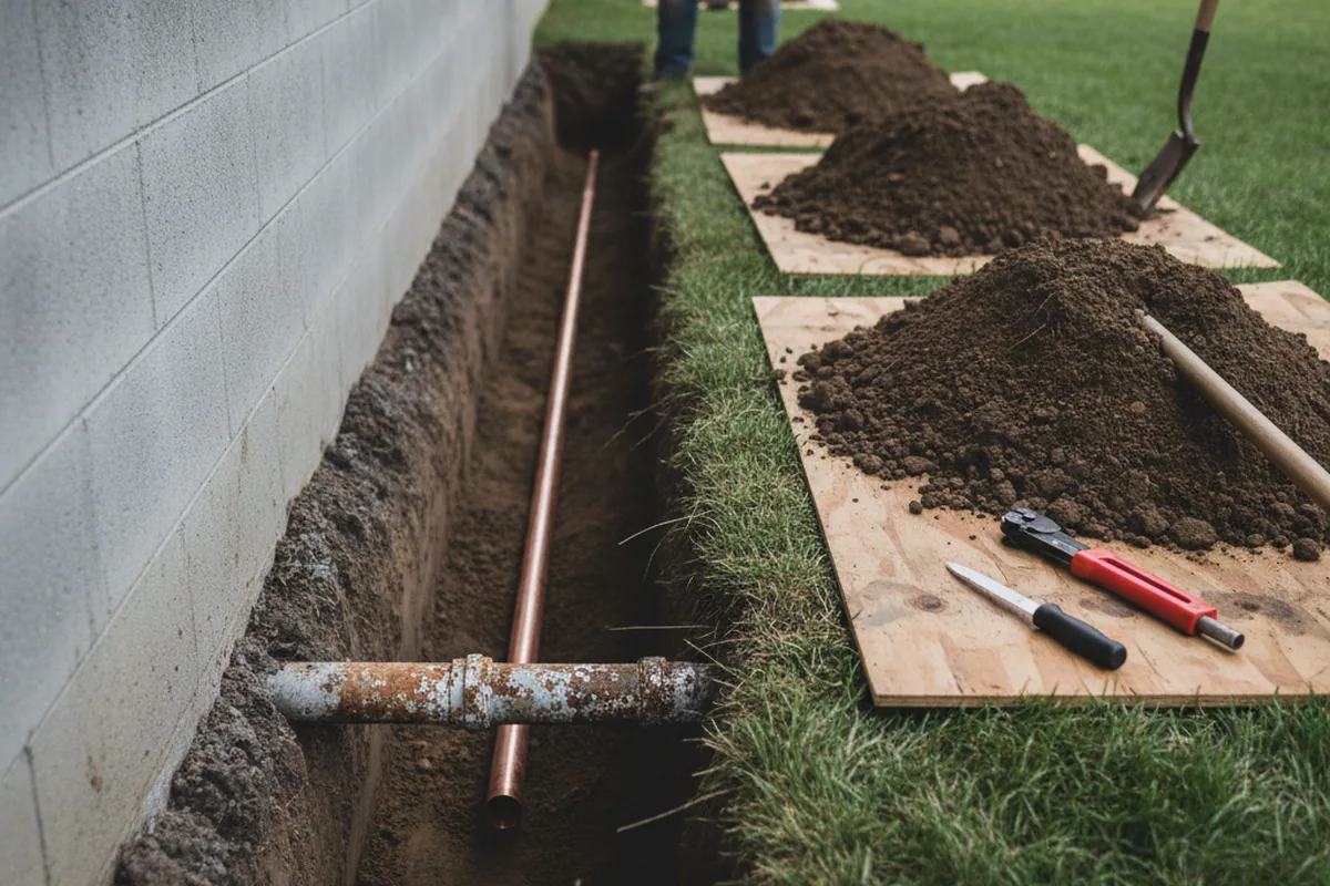 Excavated water line trench during Sewer Line Repair in Fieldale